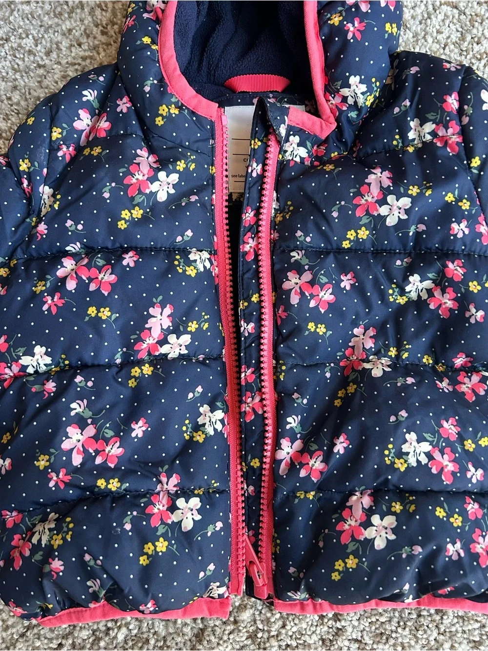 GAP Navy Floral Puffer Jacket with Pink Trim and Hood, 6-12 months
